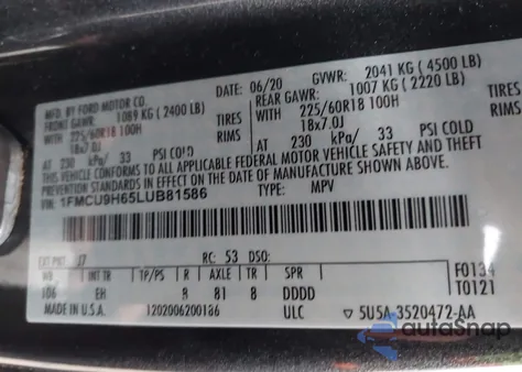 2020 Ford Escape Sel z USA, uszkodzony, nr VIN 1FMCU9H65LUB81586